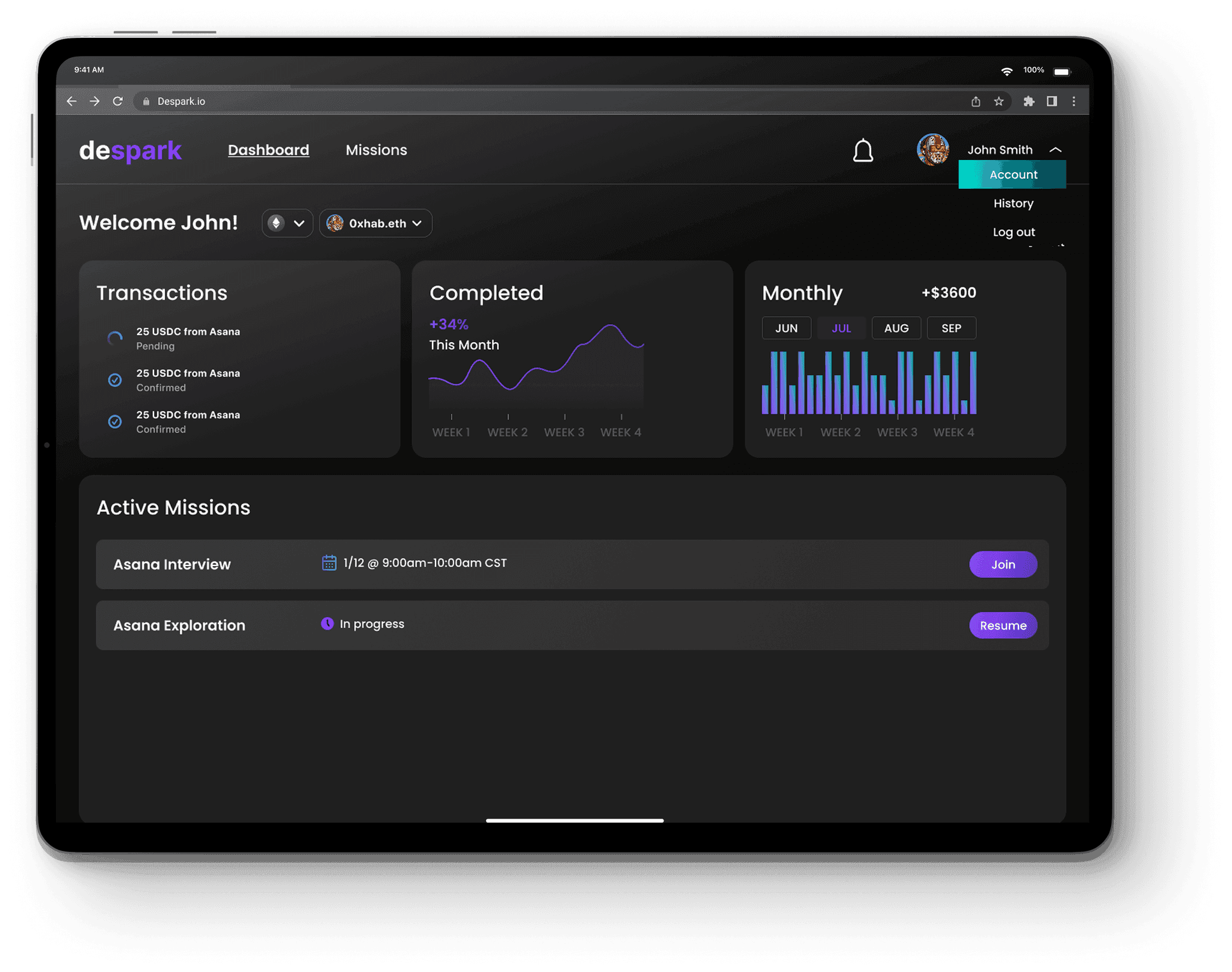 Despark dashboard mission overview
