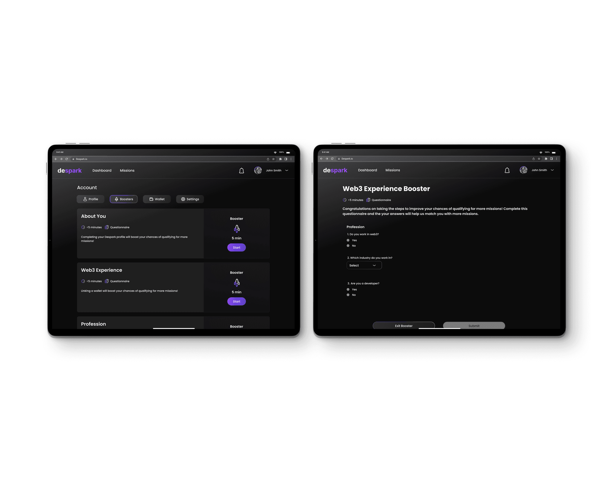Despark boosters list and Web3 Experience Booster questionnaire