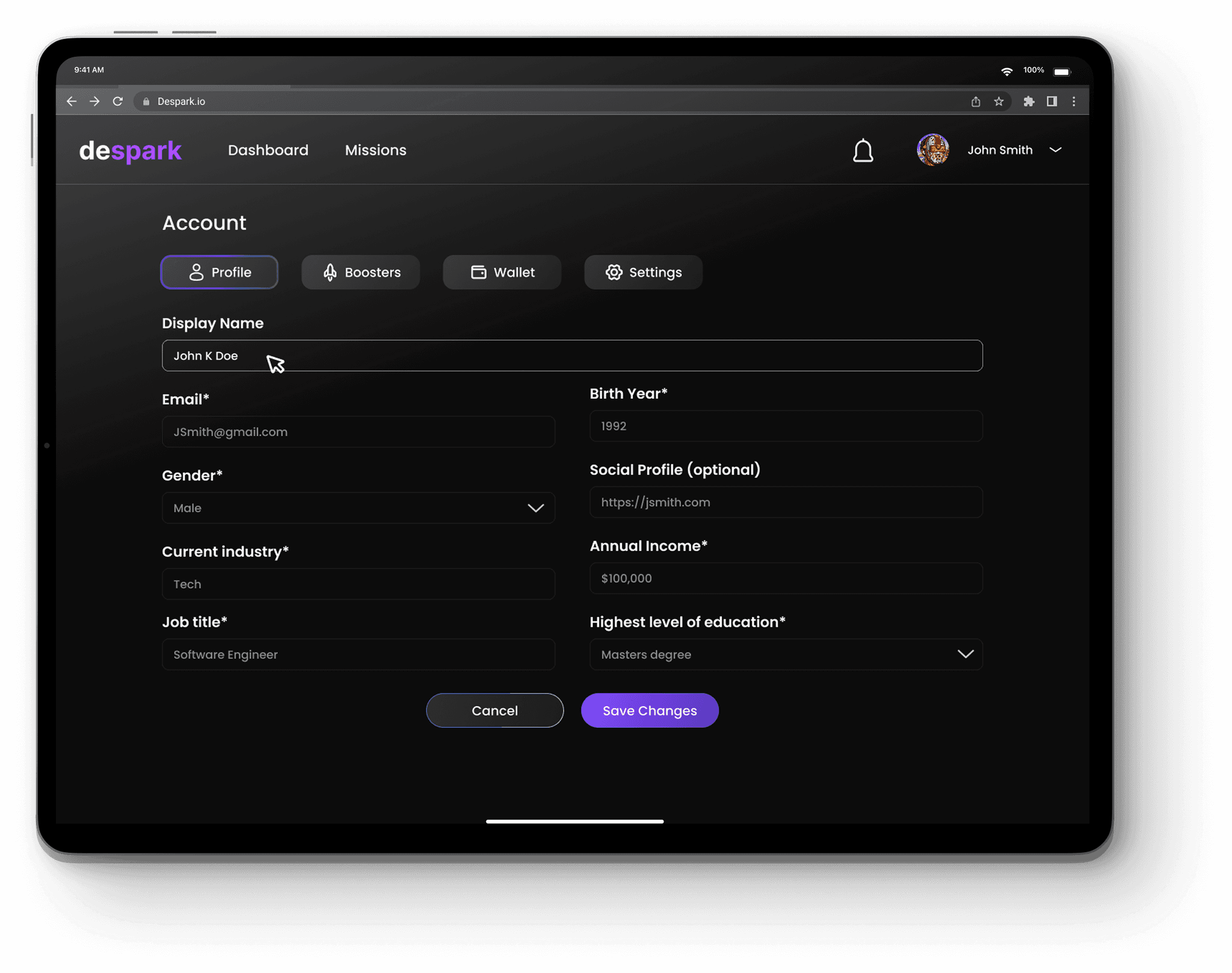 Despark edit profile details