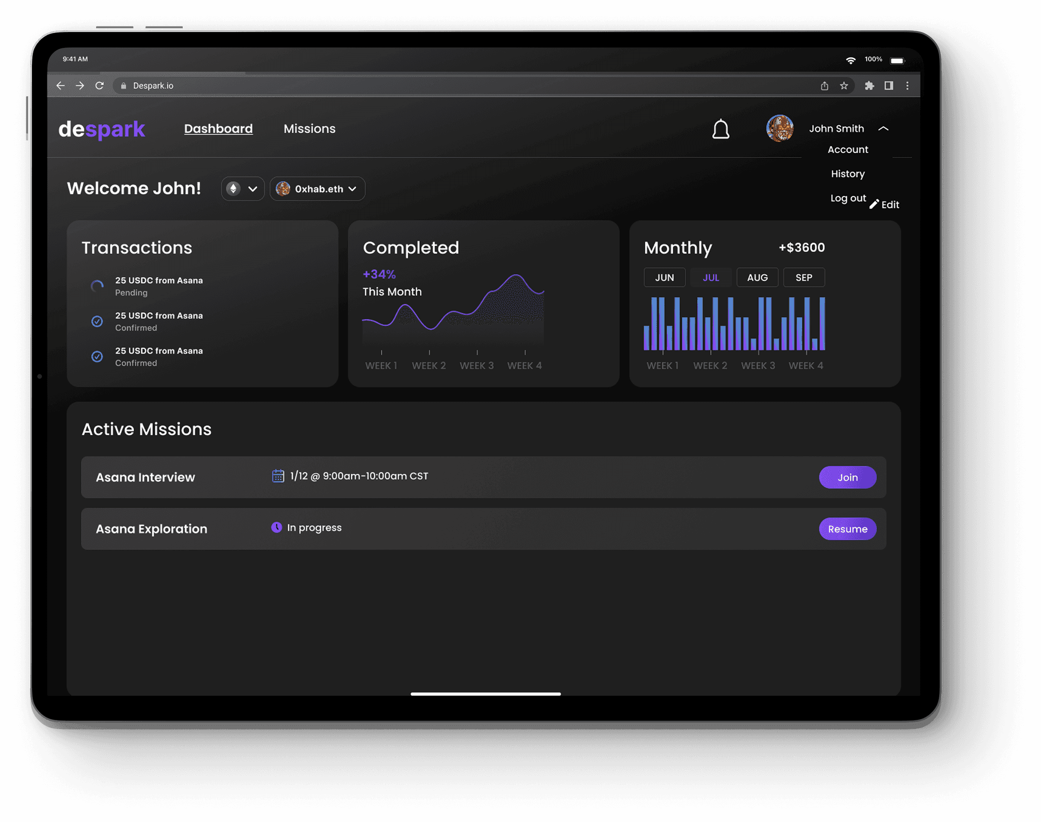Despark dashboard with active missions