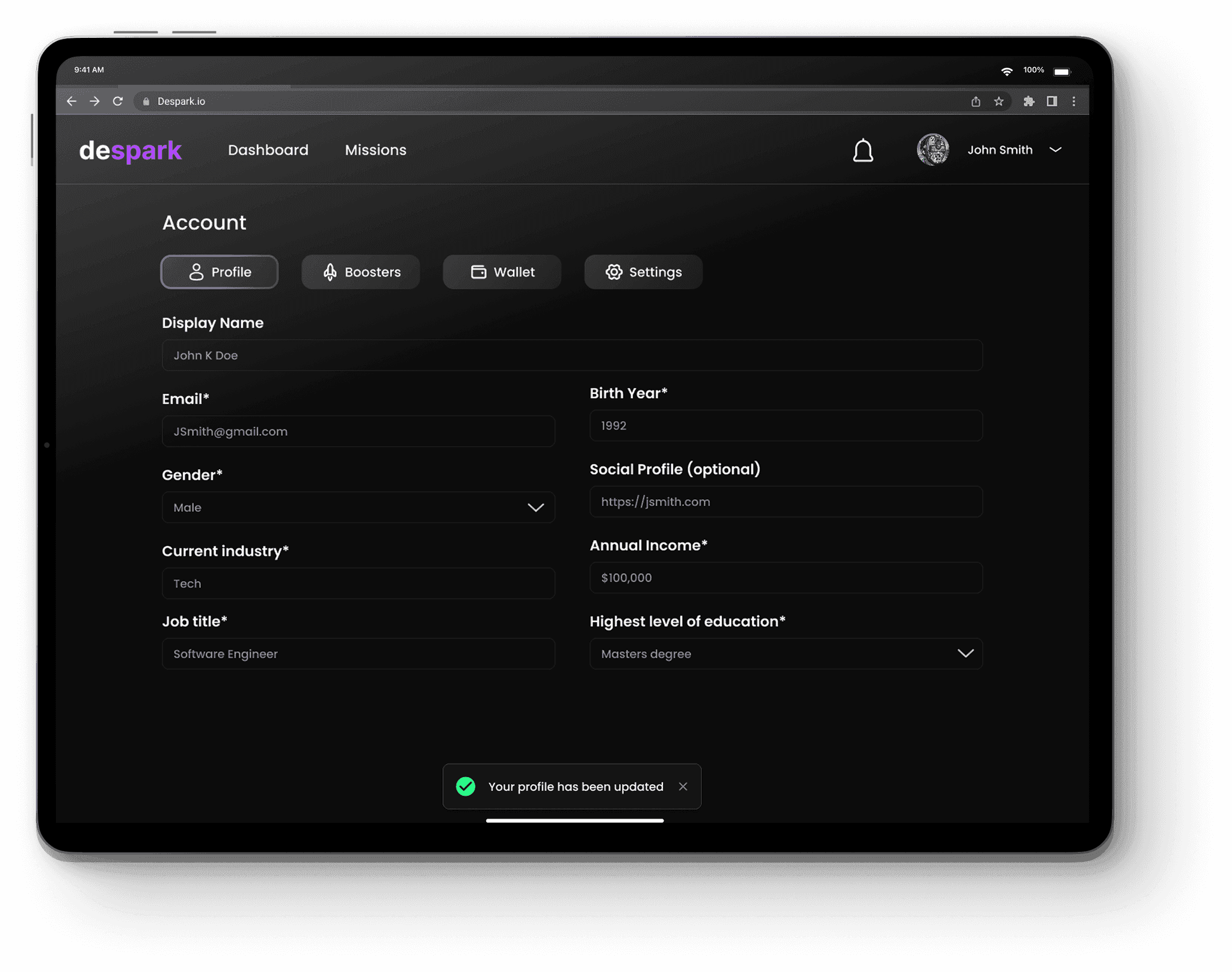 Despark edit profile form
