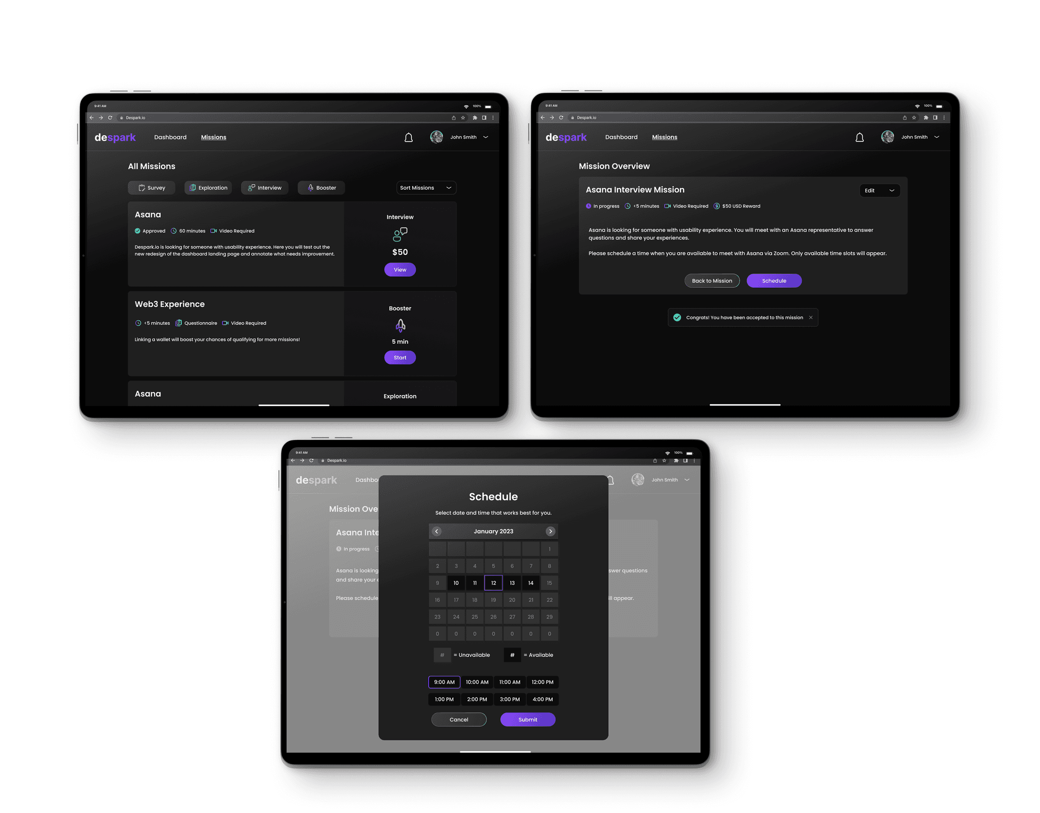 Despark mission, interview, and schedule screens on three laptops