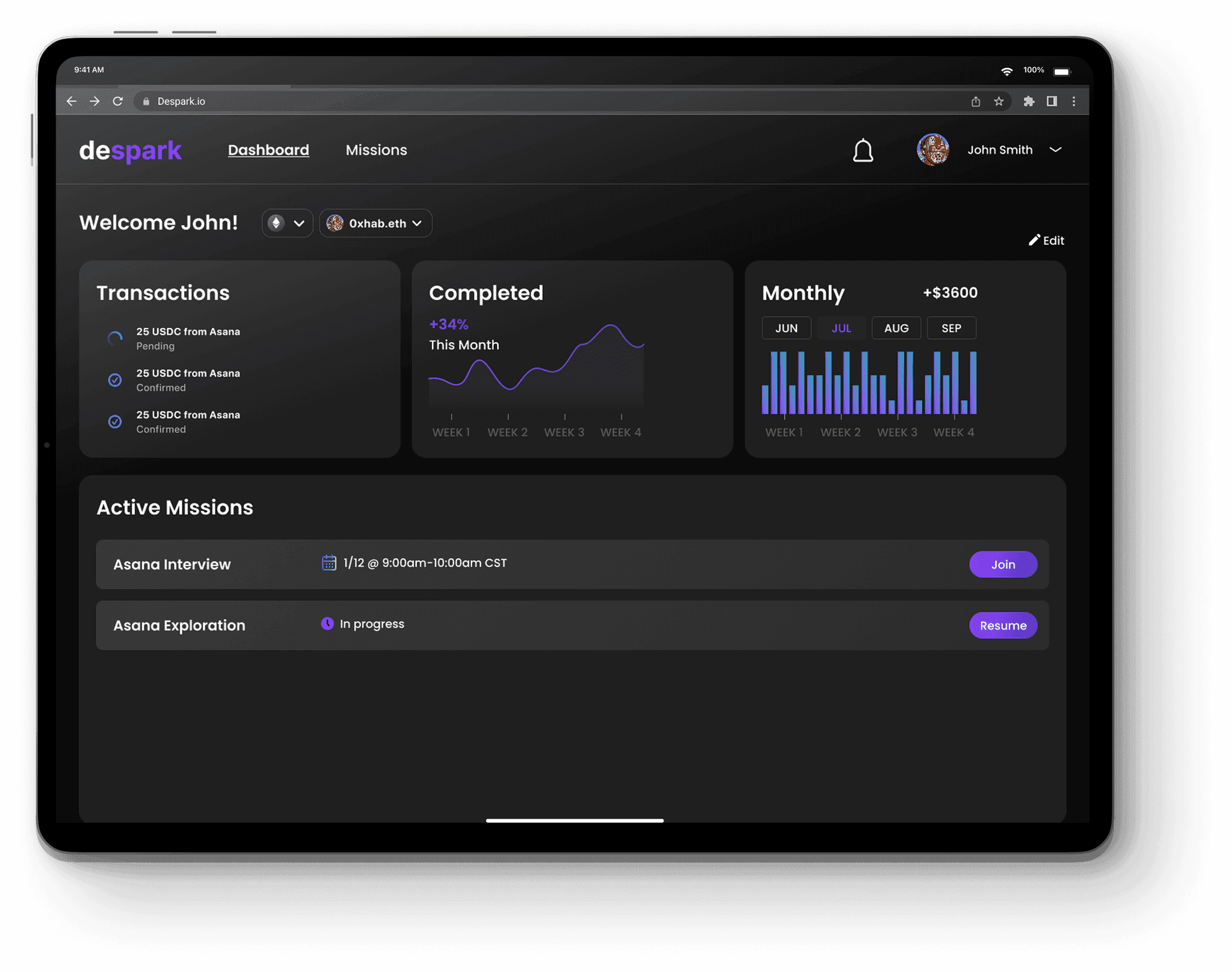 Despark dashboard welcome