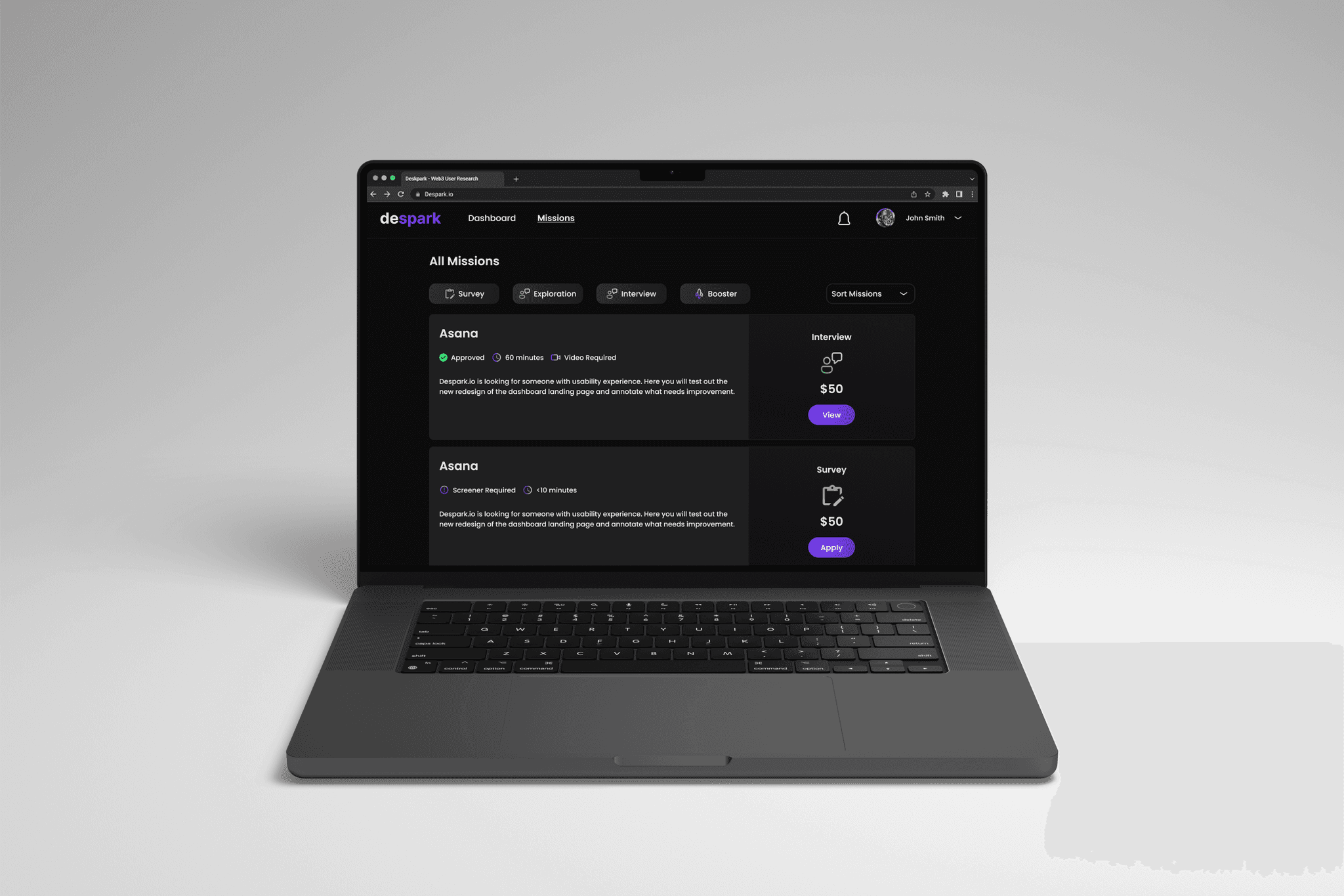 Despark All Missions dashboard on a laptop