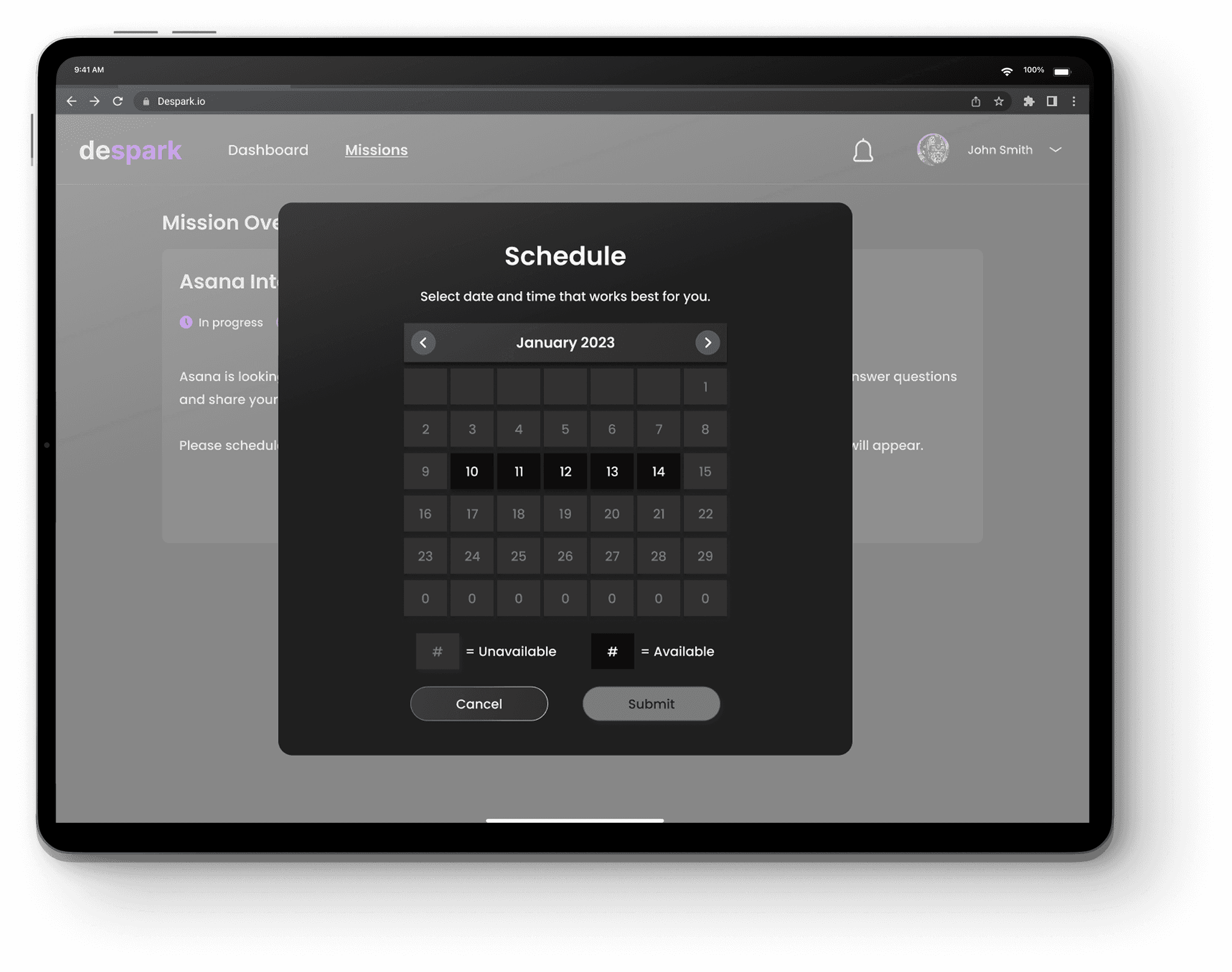 Despark interview schedule calendar