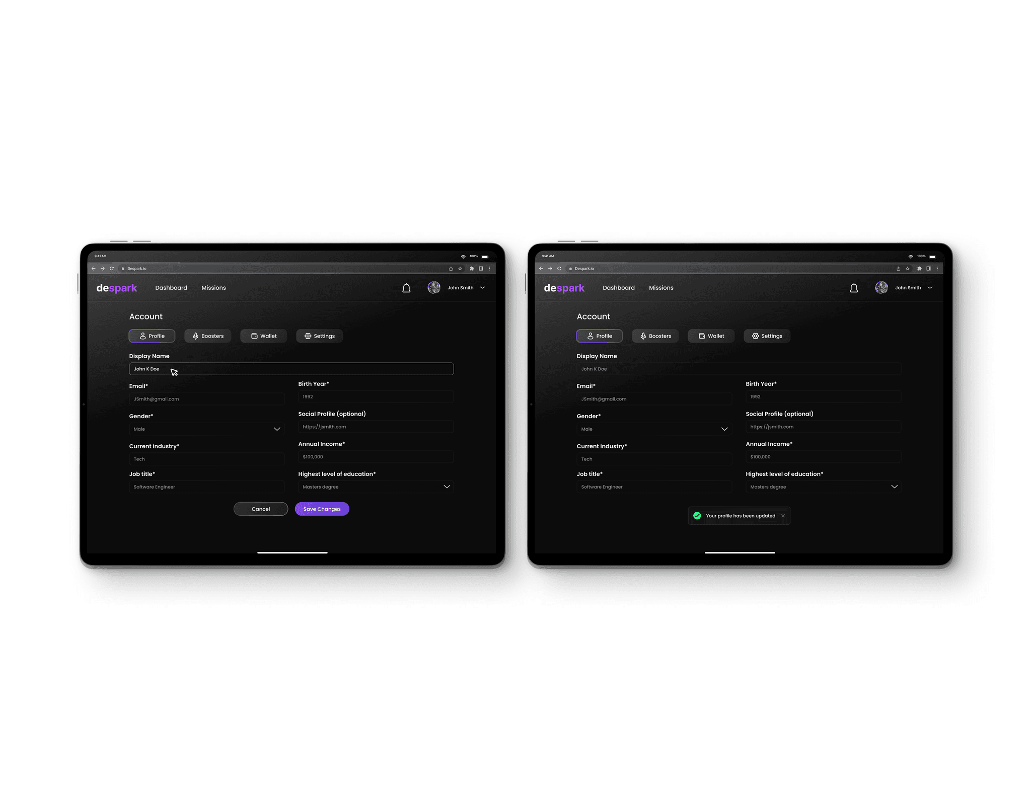 Despark profile editing screens on two laptops