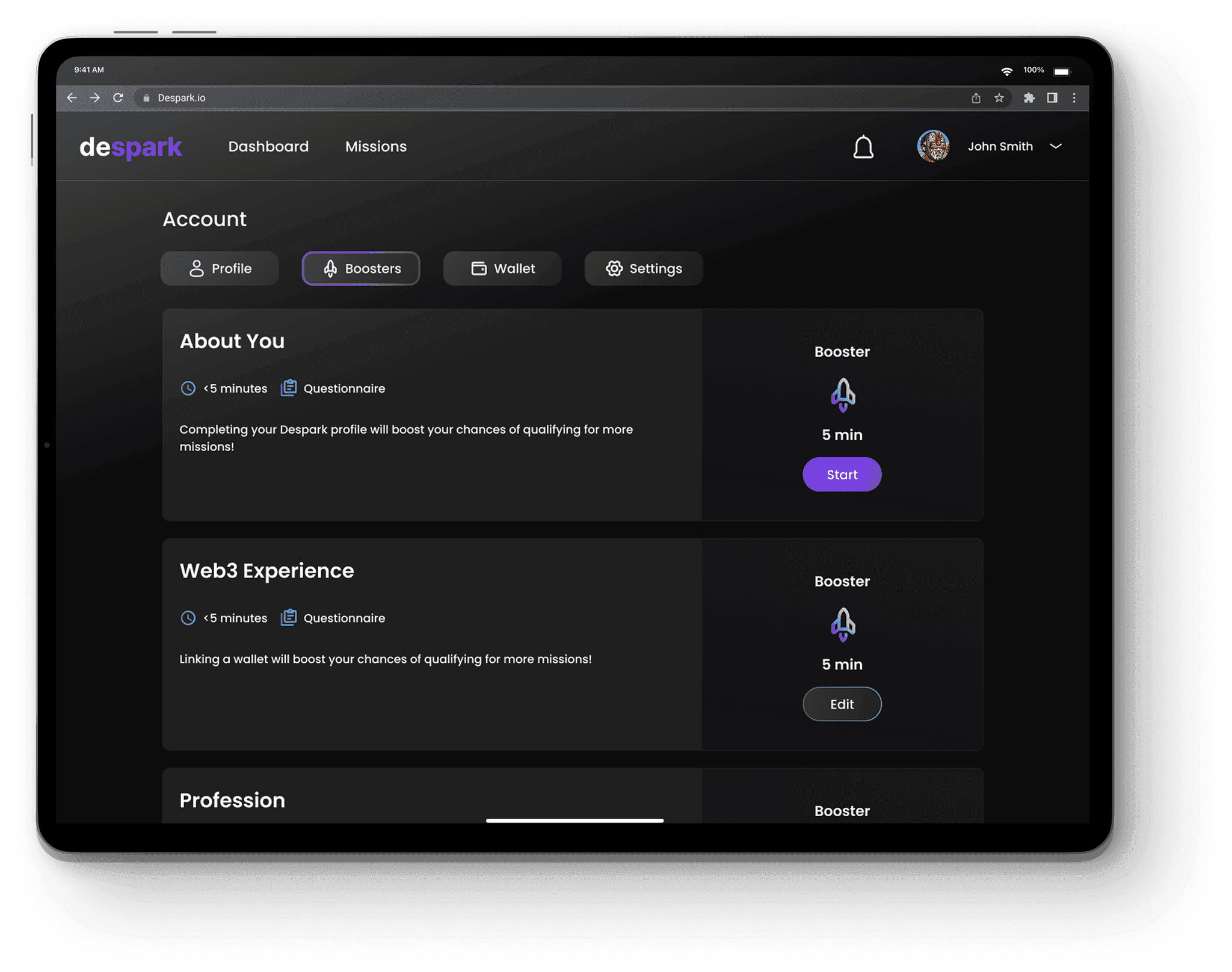 Despark account with completed boosters
