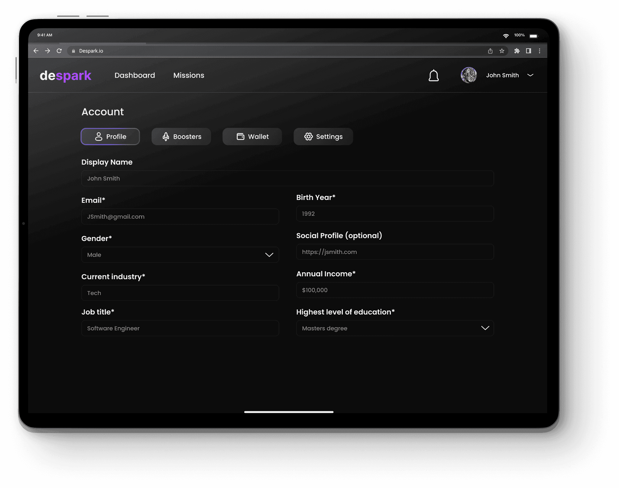 Despark edit profile name
