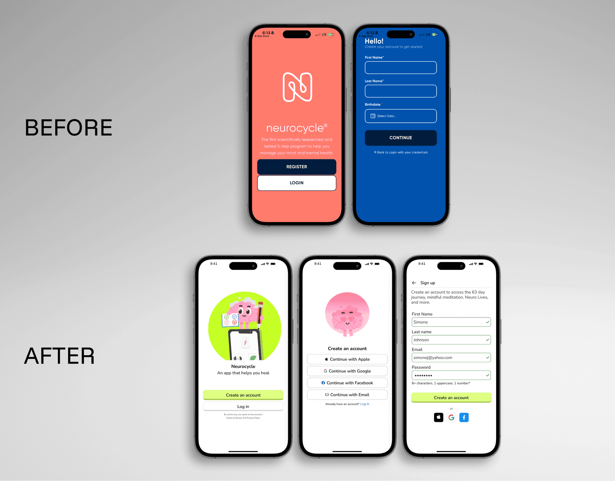 BEFORE and AFTER Neurocycle account creation: long email form versus Apple, Google, and Facebook sign-in