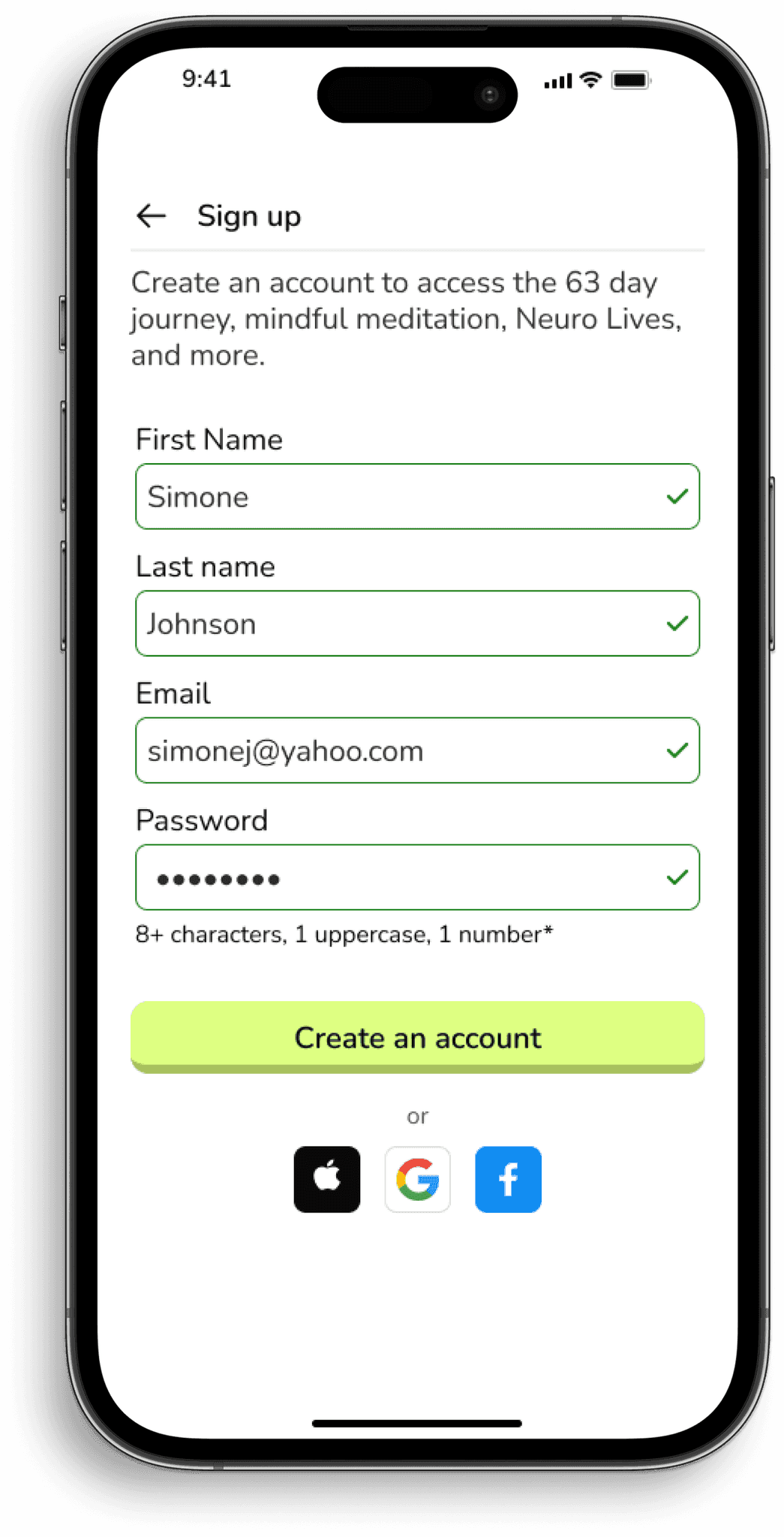 Neurocycle create account form