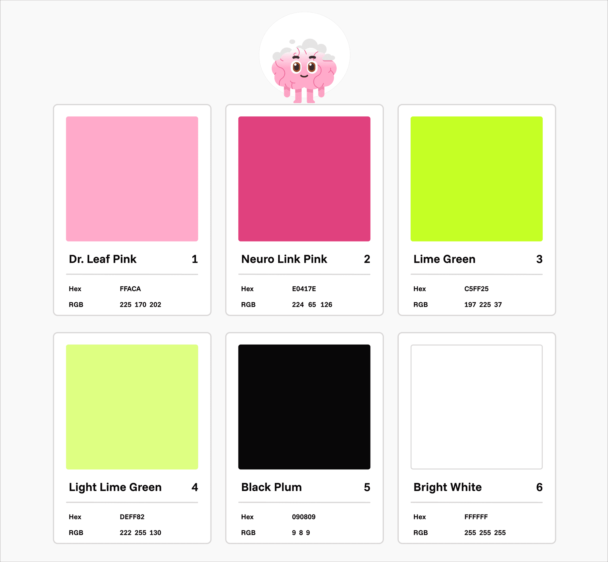 Neurocycle color system: pinks, lime greens, black, and white with RGB values