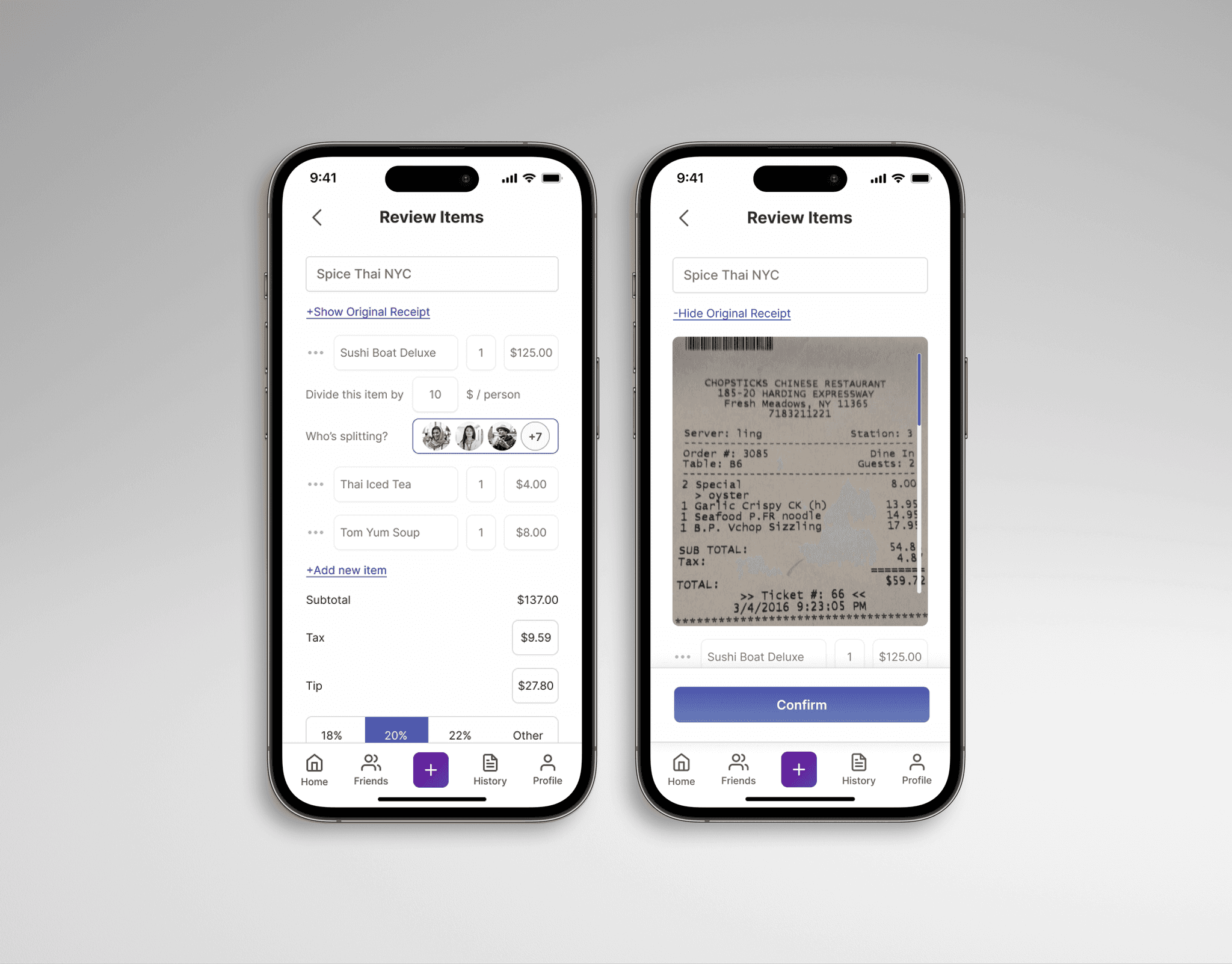 Splyt review items next to the original scanned receipt