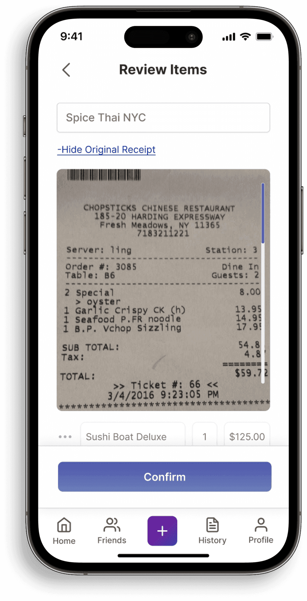 Splyt review items beside the original receipt