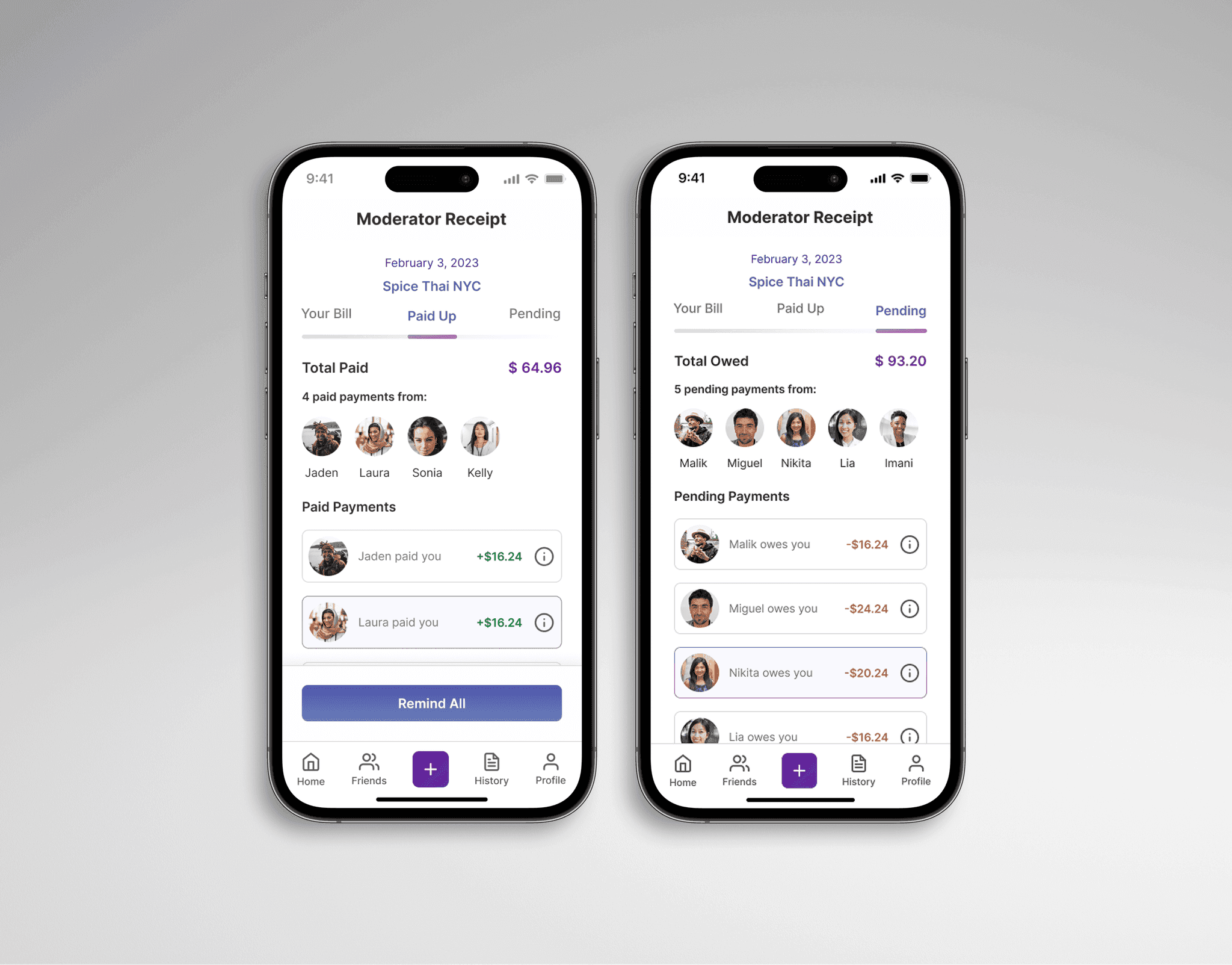 Splyt moderator receipt screens showing paid and pending members