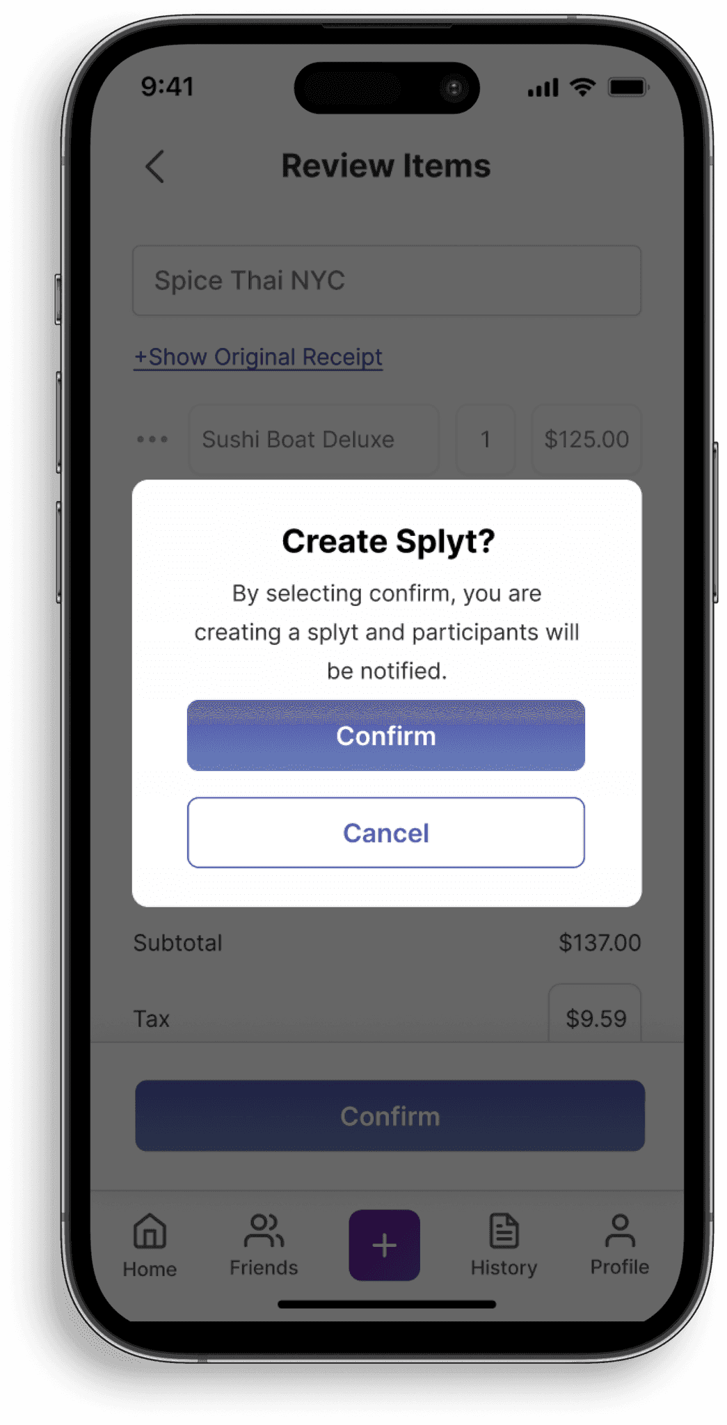 Splyt create a Splyt confirmation