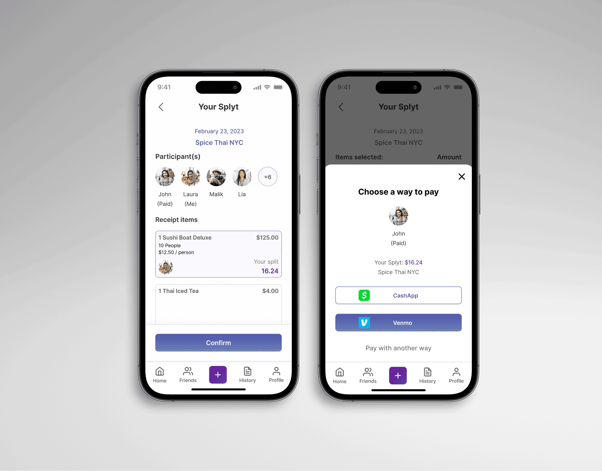 Splyt participant bill and choose-a-way-to-pay screens