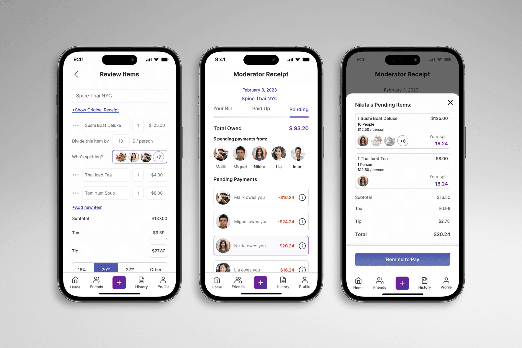 Three iPhones showing Splyt receipt review, moderator totals, and pending items