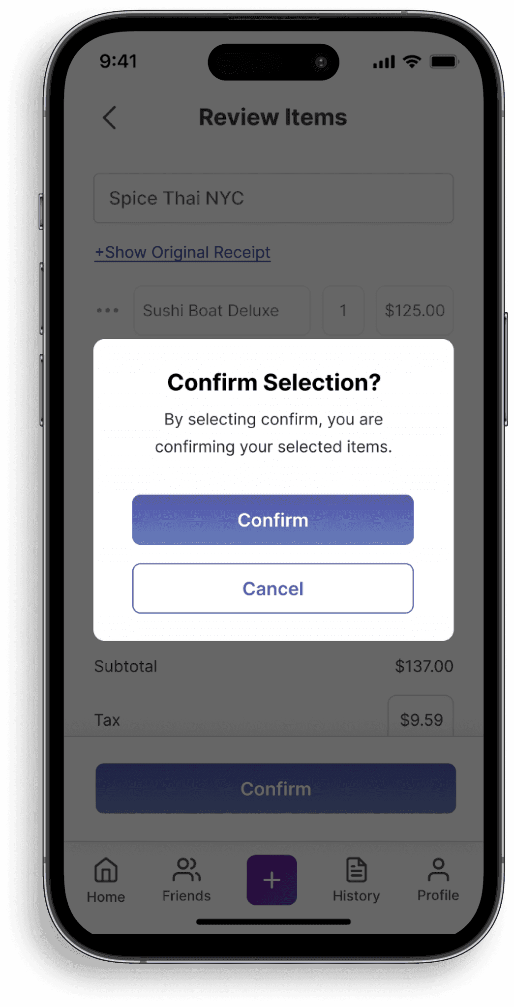 Splyt confirm selection dialog