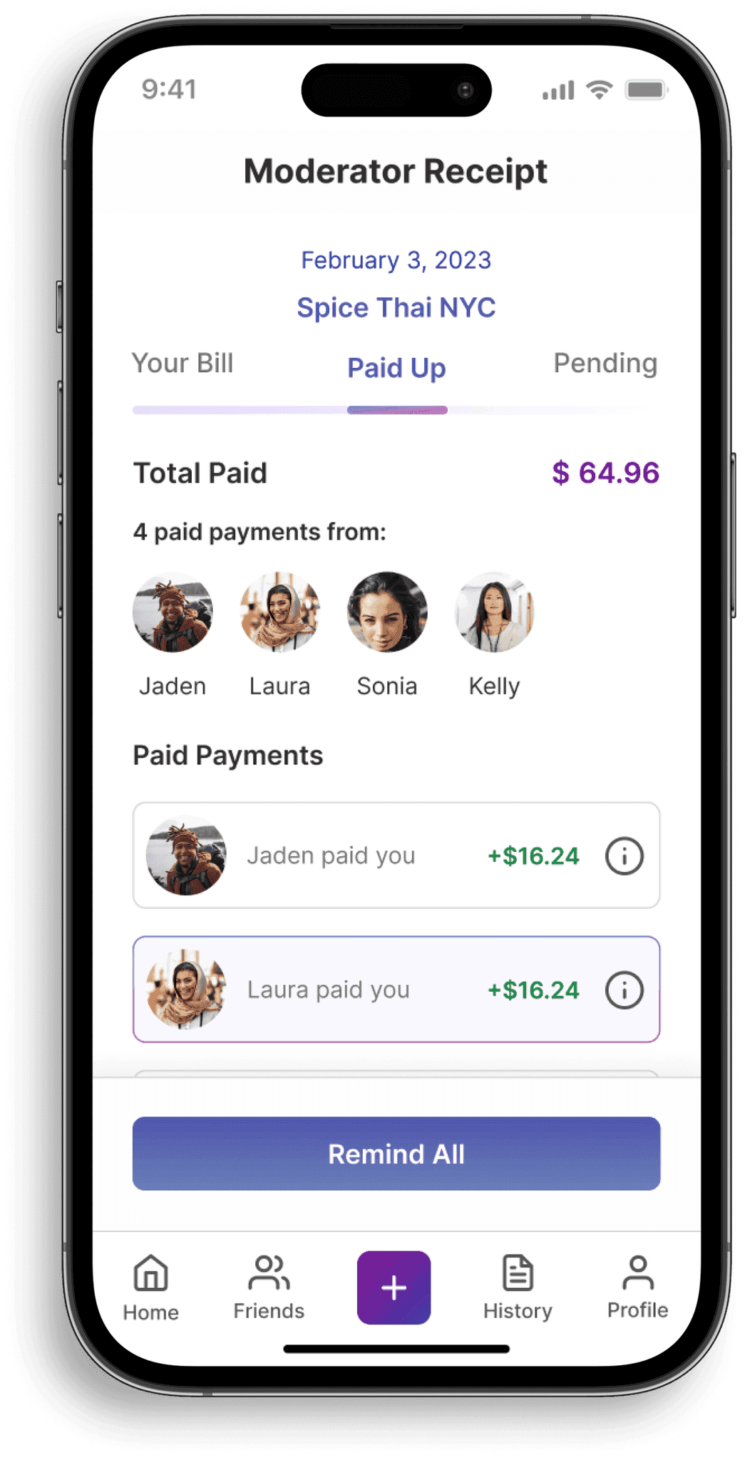 Splyt moderator receipt with paid and pending totals
